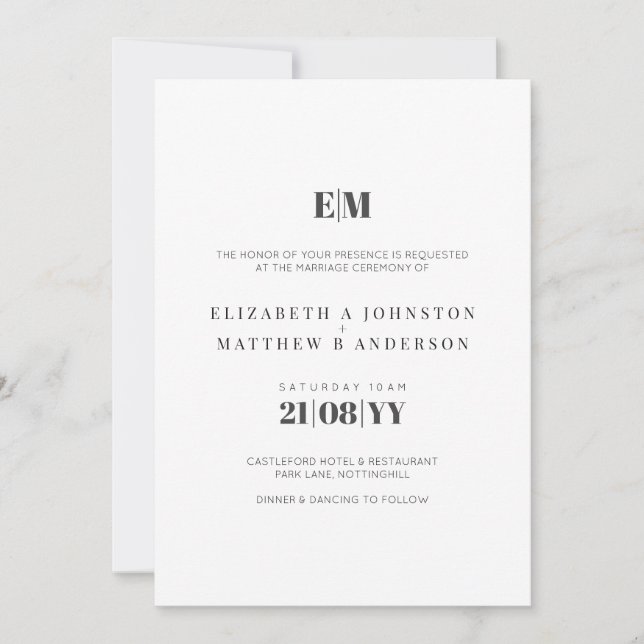 Budget Typography Black White Wedding Invites (Front)