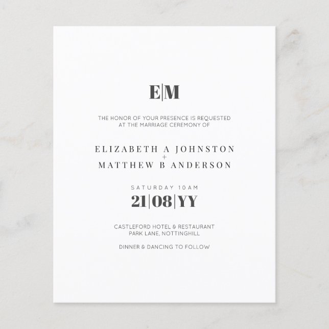 Budget Typography Black White Wedding Invites (Front)