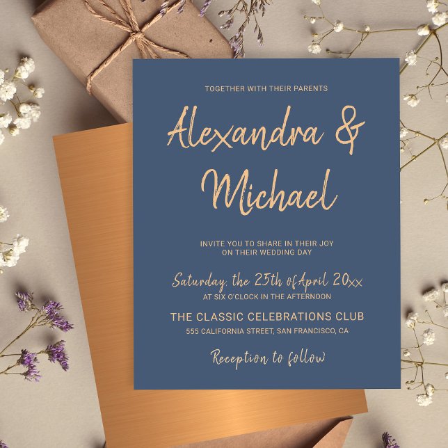 Budget typography navy copper wedding invitation (Creator Uploaded)