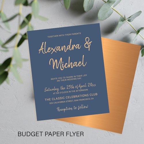 Budget typography navy copper wedding invitation flyer