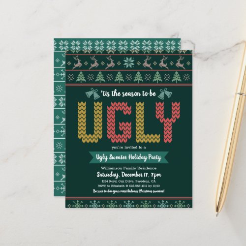 Budget Ugly Sweater Christmas Party Green Invite