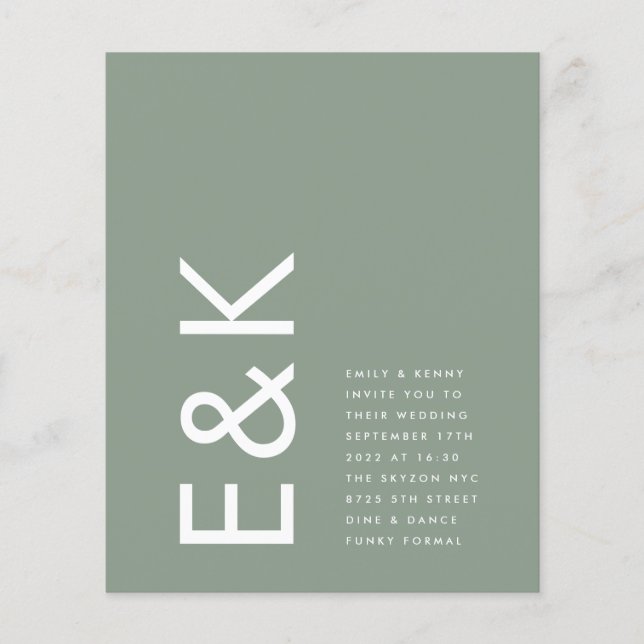 Budget Ultra Modern Monogram Sage Green Wedding Flyer (Front)