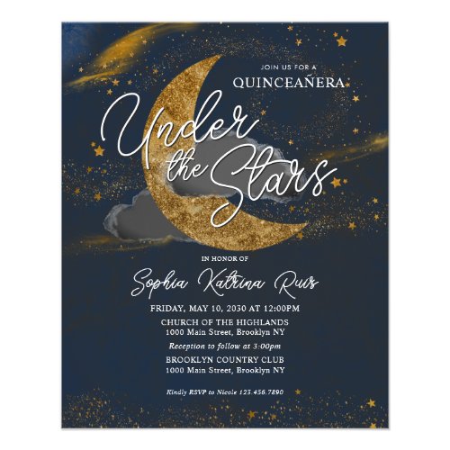 Budget Under the Stars Blue Gold Moon Quinceanera Flyer