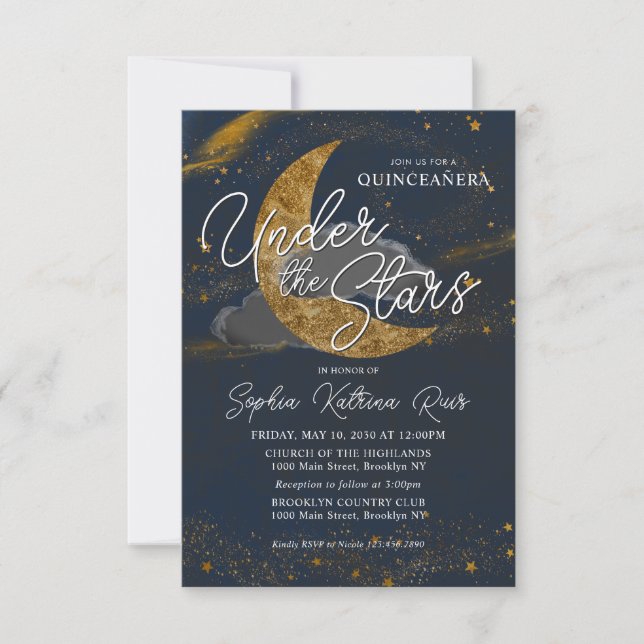 Budget Under the Stars Blue Gold Moon Quinceanera Note Card (Front)