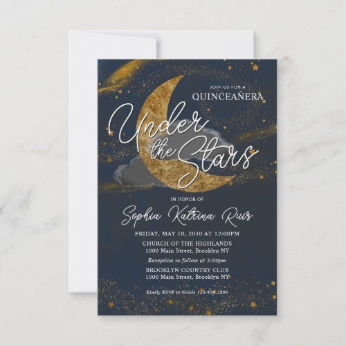 Budget Under the Stars Blue Gold Moon Quinceanera Note Card