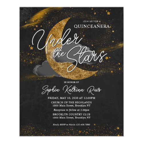 Budget Under the Stars Gold Moon Glam Quinceanera Flyer