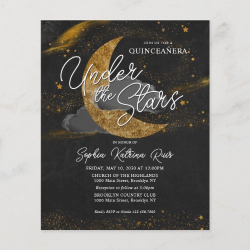 Budget Under the Stars Gold Moon Glam Quinceanera Flyer