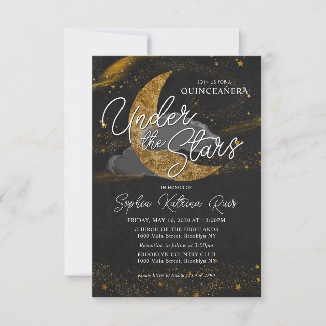 Budget Under the Stars Gold Moon Glam Quinceanera Note Card (Front)