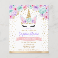 Budget Unicorn 1st Birthday Teal Purple Invitation
