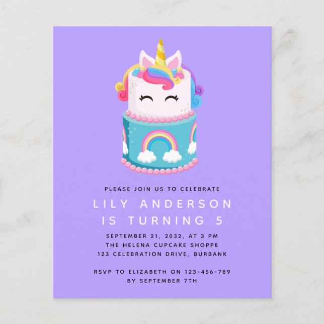 Budget Unicorn Cake Birthday Party Invitation (Front)