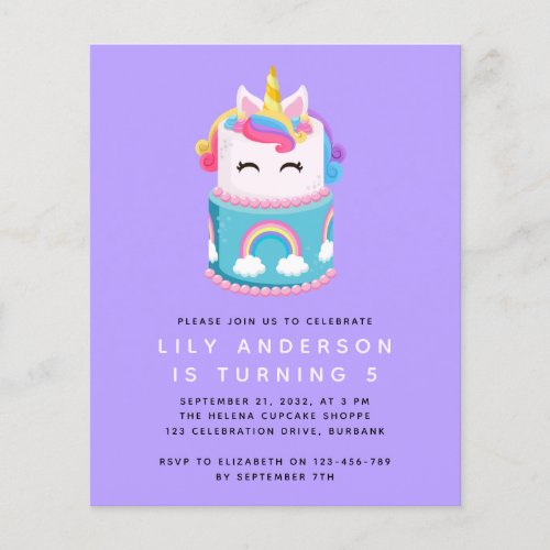 Budget Unicorn Cake Birthday Party Invitation