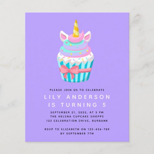 Budget Unicorn Cupcake Birthday Party Invitation