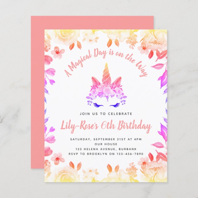 BUDGET Unicorn Face Floral Birthday Invitation (Front/Back)
