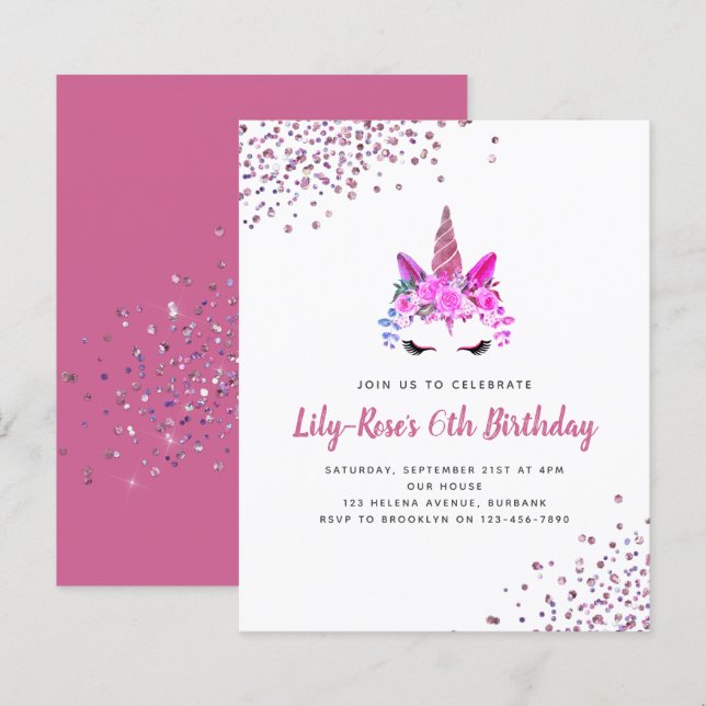 BUDGET Unicorn Face Glitter Birthday Invitation (Front/Back)