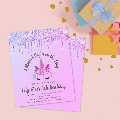 BUDGET Unicorn Face Glitter Birthday Invitation