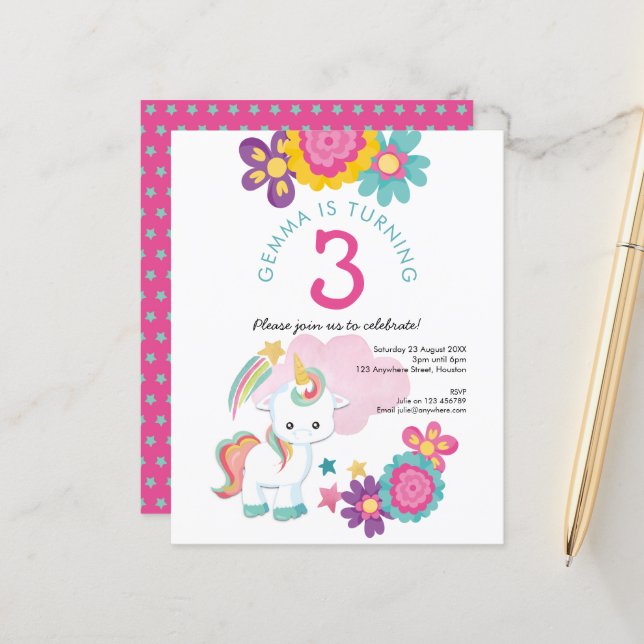 Budget Unicorn Girl 3rd Birthday Party Invitation (Front/Back In Situ)