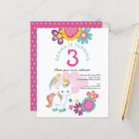 Budget Unicorn Girl 3rd Birthday Party Invitation