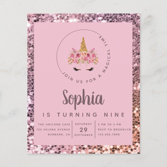 Budget Unicorn Glitter Birthday Party Invitation Flyer (Front)