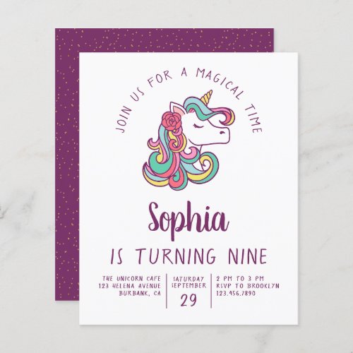 Budget Unicorn Kids Birthday Party Invitation