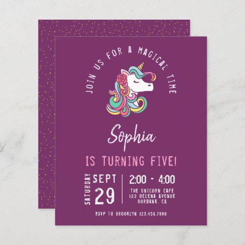 Budget Unicorn Kids Birthday Party Invitation