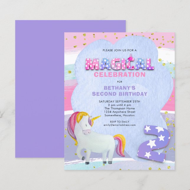 Budget Unicorn Magical 2nd Birthday Invitation (Front/Back)