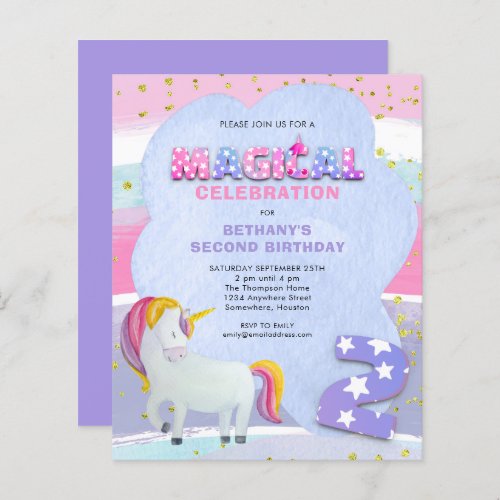 Budget Unicorn Magical 2nd Birthday Invitation