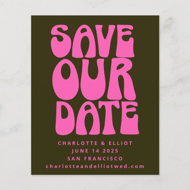 Budget Unique Groovy 70s Pink Green Save The Date (Front)