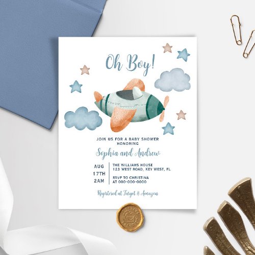 Budget Up Up and Away Airplane Baby Shower Invite