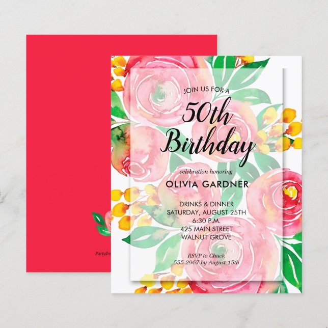 Budget Vibrant Watercolor Floral Birthday Invites (Front/Back)