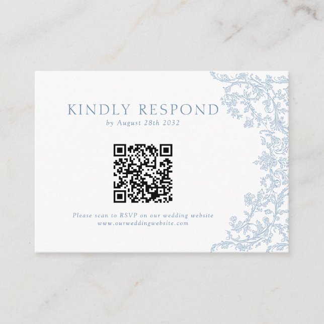 Budget Victorian Blue Baroque Line Art QR Code Enclosure Card (Front)