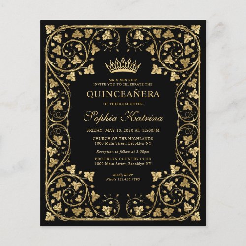Budget Vintage Black Floral Gold Tiara Quinceanera
