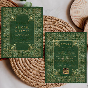 Budget Vintage Book Green Gold QR Code Wedding