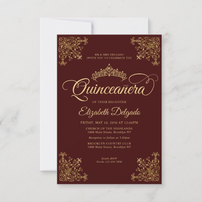 Budget Vintage Burgundy Gold Tiara Quinceanera Note Card (Front)
