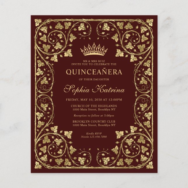 Budget Vintage Burgundy Red Gold Tiara Quinceanera (Front)