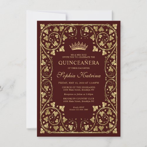 Budget Vintage Burgundy Red Gold Tiara Quinceanera Note Card