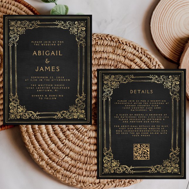 Budget Vintage Frame Black Gold QR Code Wedding (Creator Uploaded)