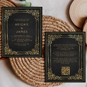 Budget Vintage Frame Black Gold QR Code Wedding