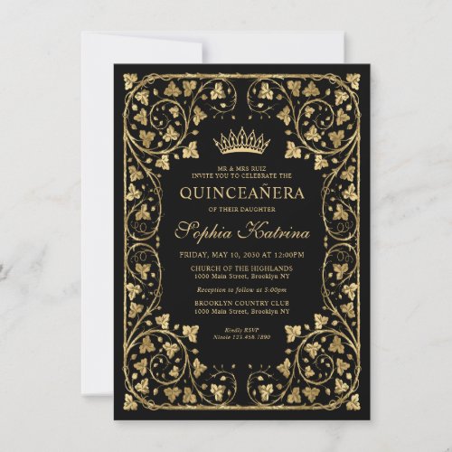 Budget Vintage Glam Black Gold Tiara Quinceanera Note Card