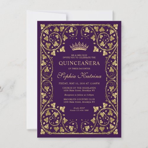 Budget Vintage Glam Purple Gold Tiara Quinceanera Note Card