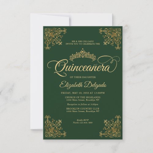Budget Vintage Green Gold Tiara Quinceanera Note Card