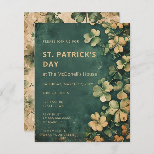 Budget Vintage Green St Patricks Day Invitation (Front/Back)