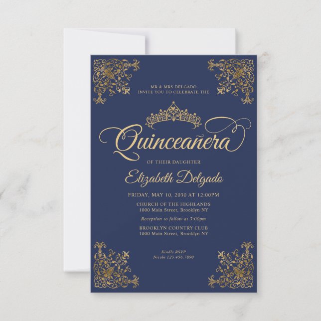 Budget Vintage Navy Blue Gold Tiara Quinceanera Note Card (Front)