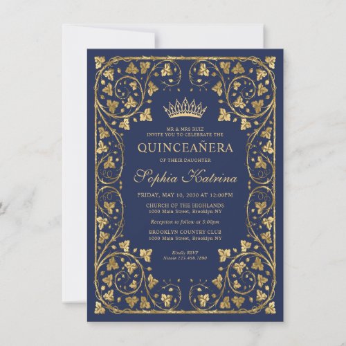 Budget Vintage Navy Blue Gold Tiara Quinceanera Note Card