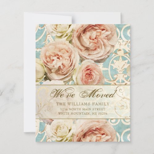 Budget Vintage Pink Rose Blue Damask Moving Card