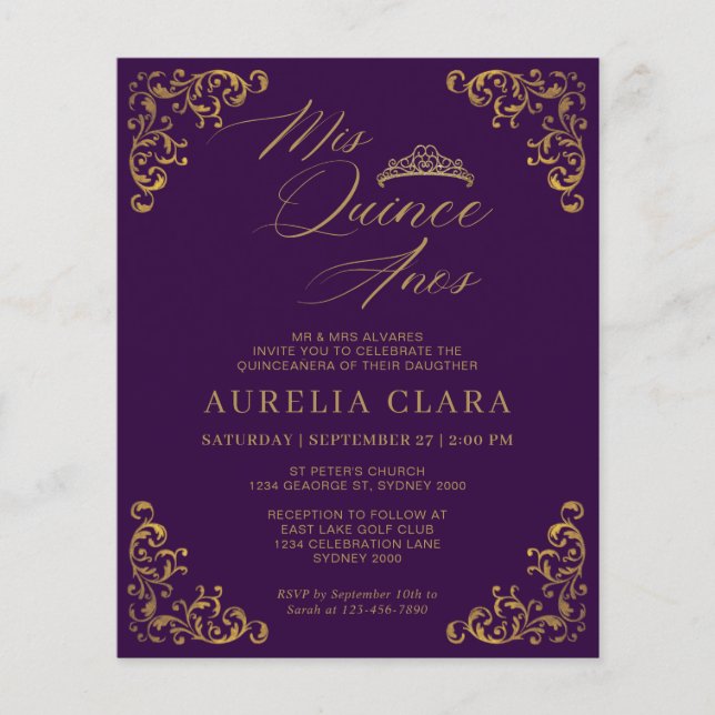 BUDGET Vintage Purple Gold Mis Quince Quinceañera (Front)