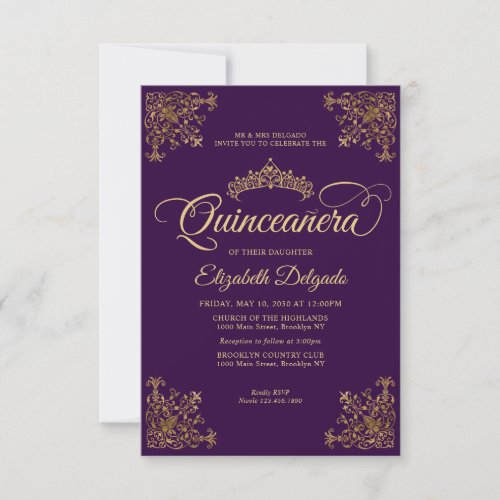 Budget Vintage Purple Gold Tiara Quinceanera Note Card