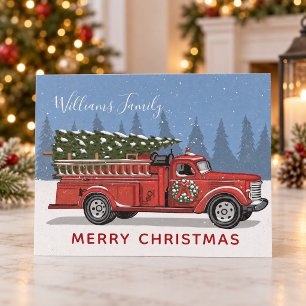 Budget Vintage Red Fire Truck Merry Christmas Card