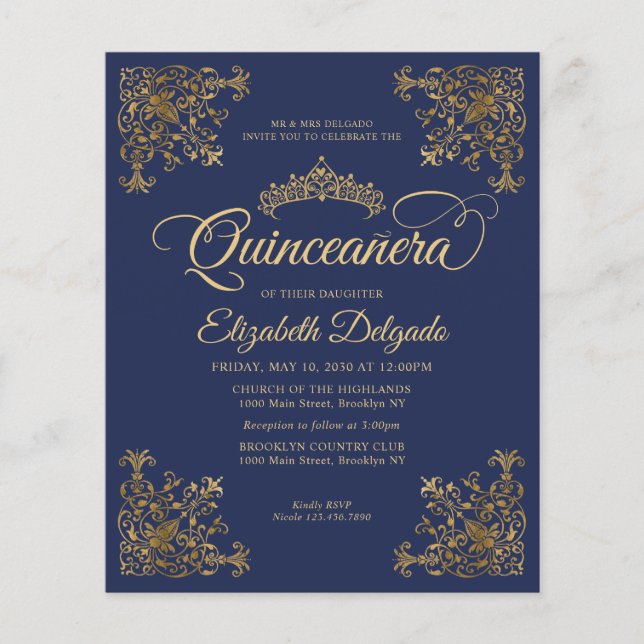 Budget Vintage Royal Blue Gold Frame Quinceanera (Front)