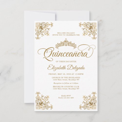 Budget Vintage White Gold Frame Tiara Quinceanera Note Card