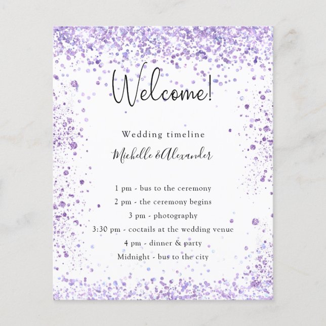 Budget violet glitter wedding program details (Front)